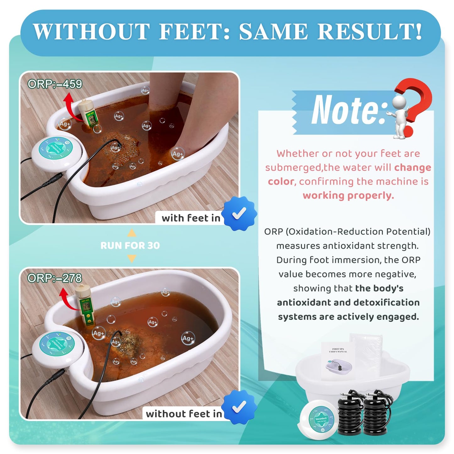 veicomtech Ionic Foot Bath Detox Machine, Detox Foot Bath with Sea Salt and Citric Acid Descaler, Ionic Foot Spa with 2 Arrays and 10 Tub Liners, Foot Detox Machine for Home Use & Salon