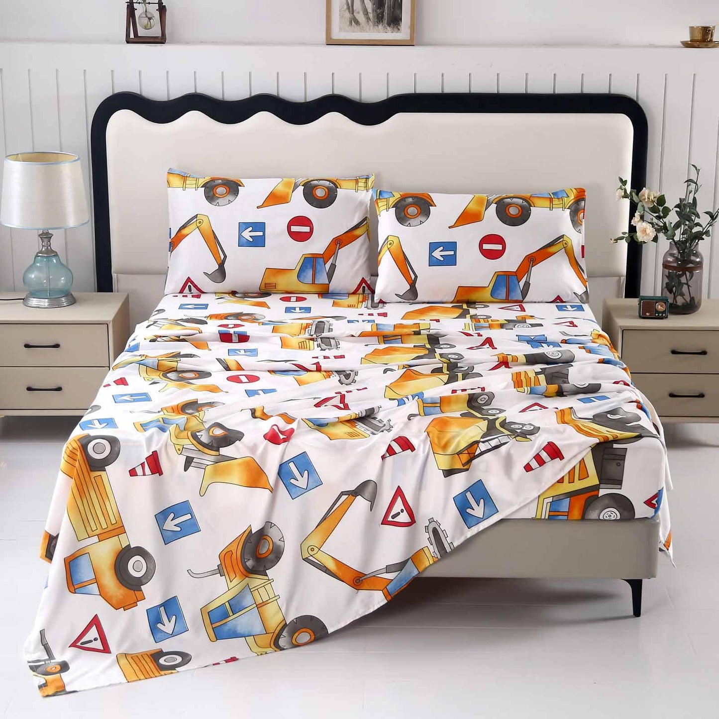 SDY 4 Pieces Construction Sheets Queen,Cozy Construction Sheets for Boys Girls Kids Cars Sheet Set Included 1 FittedSheet with 14'' Deep Pocket + 1 Top FlatSheet + 2 Pillowcases