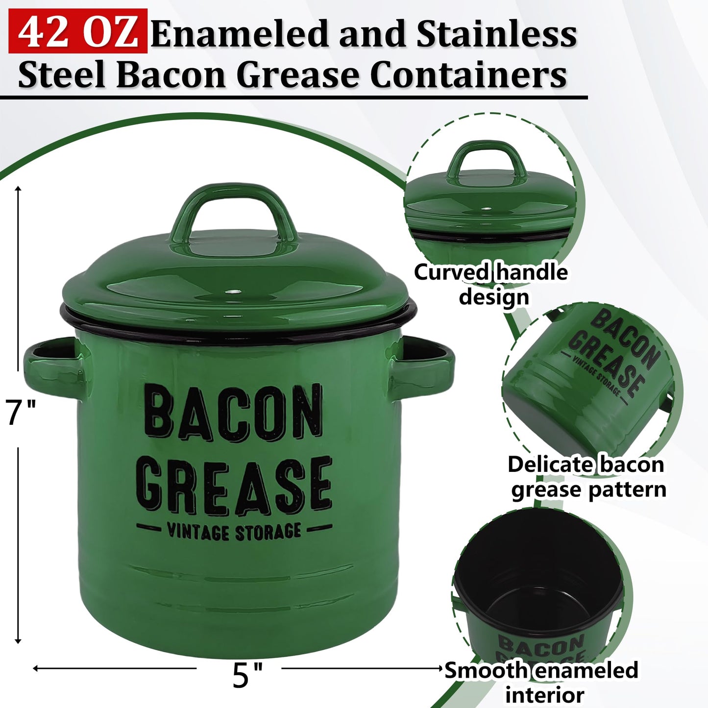 YOKODU 42oz Bacon Grease Container with Strainer,Enamel Ceramic Bacon Fat Can for Grease Drippings and Storage Grease Saver Keeper for Reuse & Disposal(green)