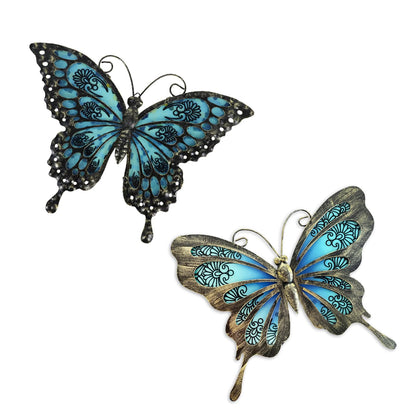 Liffy Metal Butterfly Wall Decor,2Pack 12" Hanging Glass Butterfly Outdoor Decor,Garden Decorative Ornaments Outside for Home,Yard,Fence,Patio