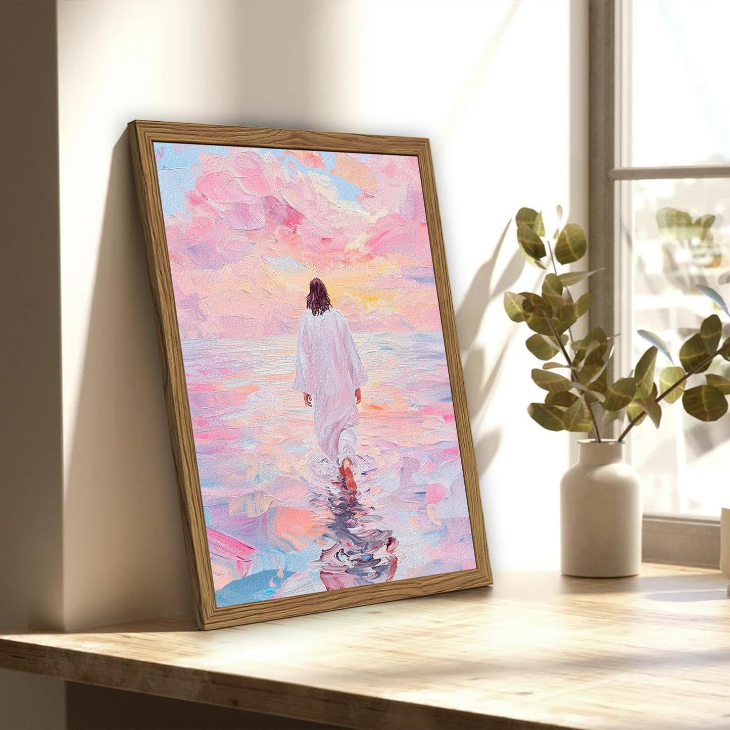 Pink Jesus Walking On Water Wall Art, Frame 3D Textured Hand Drawn Sandstone Christian Wall Decor Paintings Religious Savior Pictures for Living Prayer Room Bedroom, 12x16 in Wood Framed