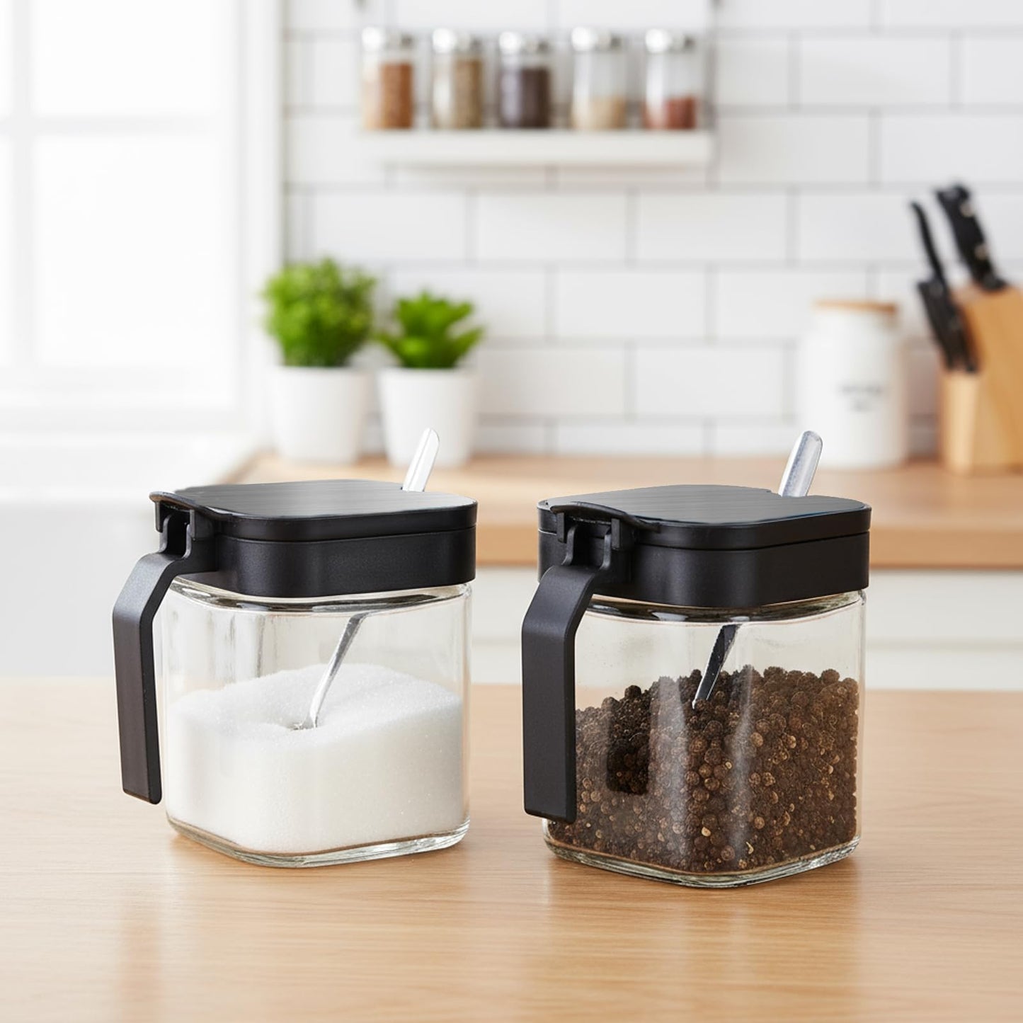 Mowhut Clear Seasoning Containers, 2 Pieces Condiment Containers with Stainless Steel Lids and Spoons, Glass Salt and Pepper Shakers, Sugar Dispenser for Salt Sugar Tea Herbal Coffee Beans