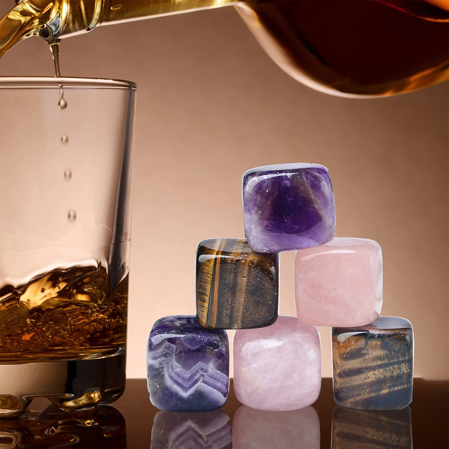 FZBHRO Whiskey Stones Chilling Crystal Ice Cubes for Drinks Whiskey Rocks 0.7-0.8" Wine Cubes Gifts for Women Multi Quartz Set of 6