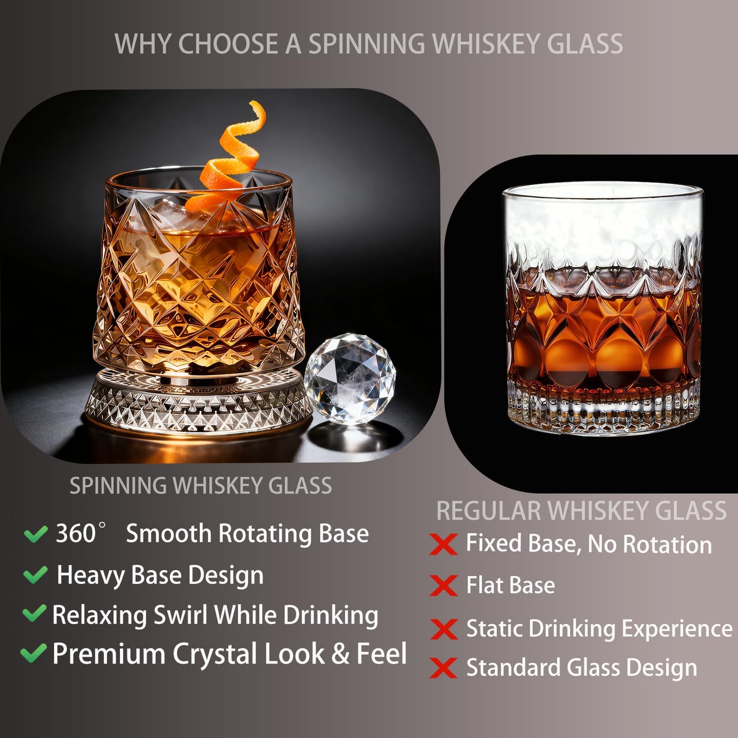 Spinning Whiskey Glass,Set of 2 – 360° Rotating Crystal Whiskey Tumblers with Heavy Base,Lead-Free Premium Glass for Bourbon & Scotch,Unique Gift for Men(A)