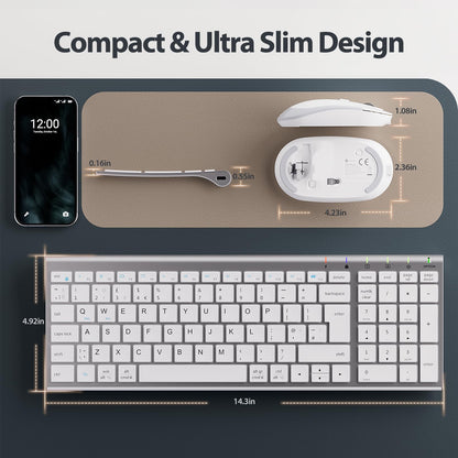 iClever GK03 Wireless Keyboard & Mouse Combo for Mac & Windows, 2.4G Rechargeable Wireless Keyboard Mouse, Silent Keys, Full Size, Portable Slim Ergonomic Design, QWERTY UK Layout, Silver and White