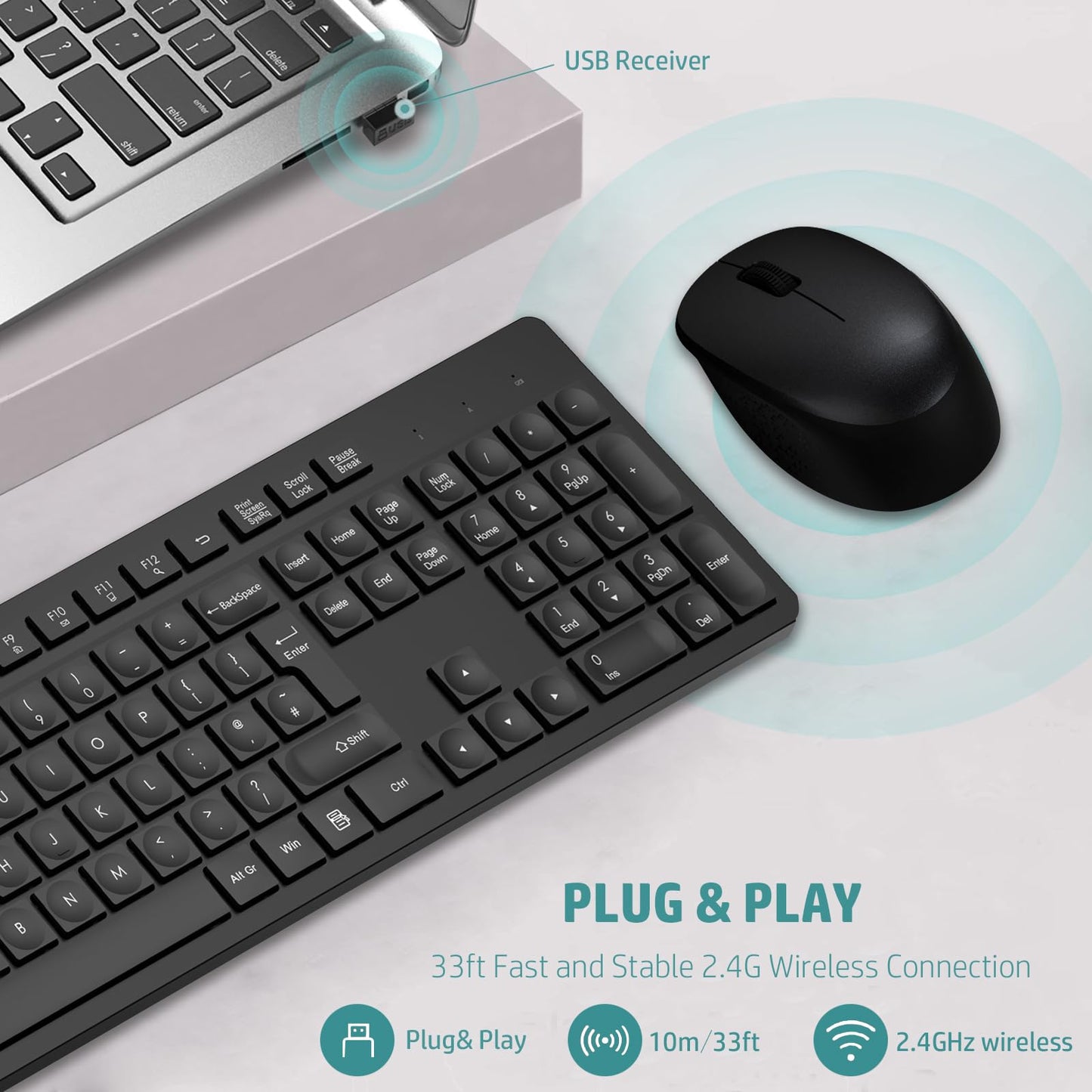LeadsaiL Wireless Keyboard and Mouse Set, 2.4GHz USB Computer Keyboards and Mouse Combo, Full Size UK QWERTY Layout, Ergonomic Design with 12 Multimedia Shortcuts for HP/Lenovo Laptop and Mac - Black