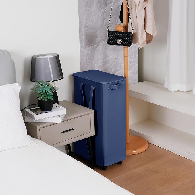 Slim Laundry Hamper with Lid and Wheels, Small Rolling Laundry Basket with
