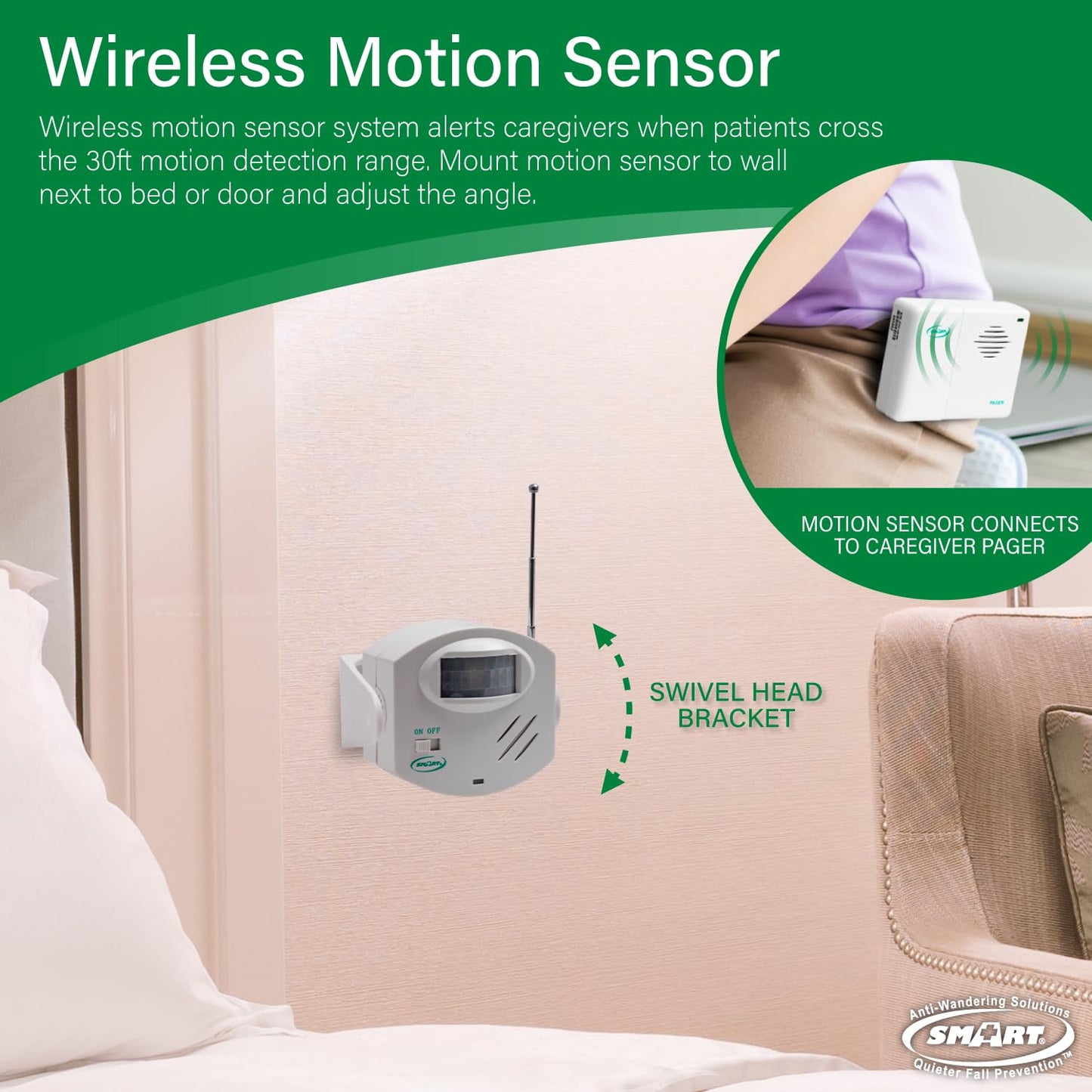 Smart Caregiver Wireless Motion Sensor Alarm System with Pager for Fall and Wandering Prevention | Mountable Motion Detector Alarm Alerts Medical Caregiver with Up to 300' Range | Bed or Door Movement