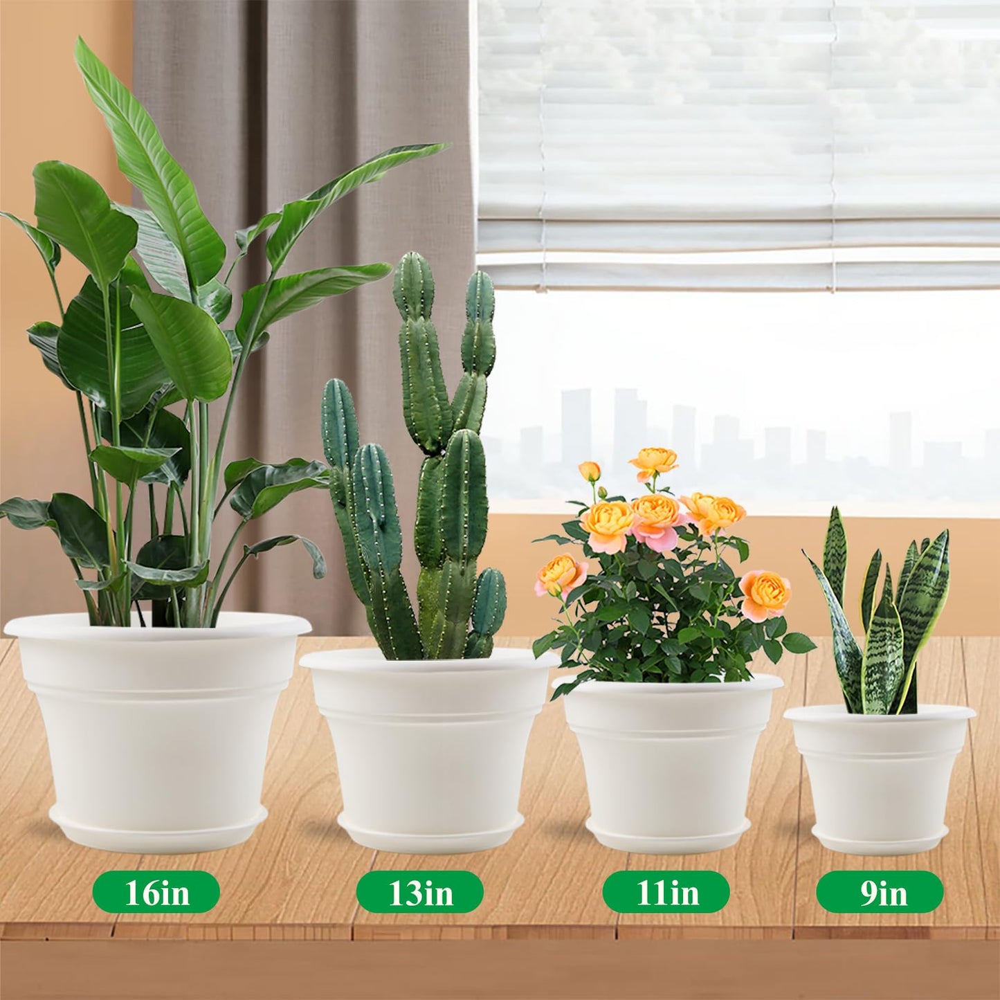 Pottiffe 11 Inch Plastic-Flower-Pot-for-Indoor-Plants, 4 Pack Large Outdoor Planter Pot with Drainage Holes & Saucers, Resin Decorative Garden Pots Planters