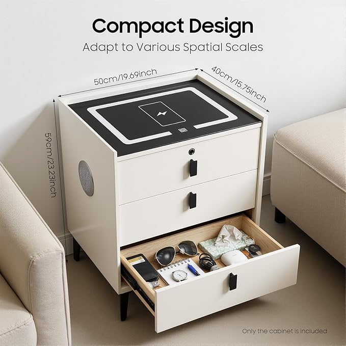 Smart Nightstand with Wireless Charging & Fingerprint Lock, 3-Drawer Bluetooth