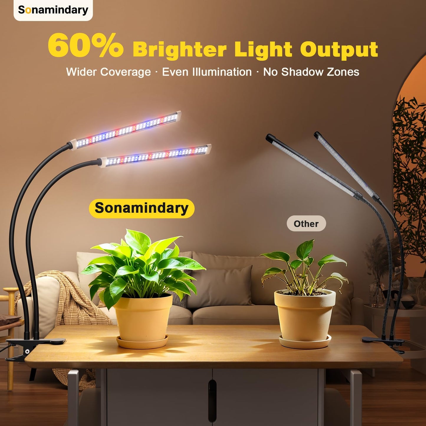 Sonamindary Grow Light for Indoor Plants, 120 LEDs Full Spectrum 5700K Plant Lamp with Red Blue White Light, 5-Level Dimmable, 4/8/12H Timer, Adjustable Clamp Stand(Dual Head)