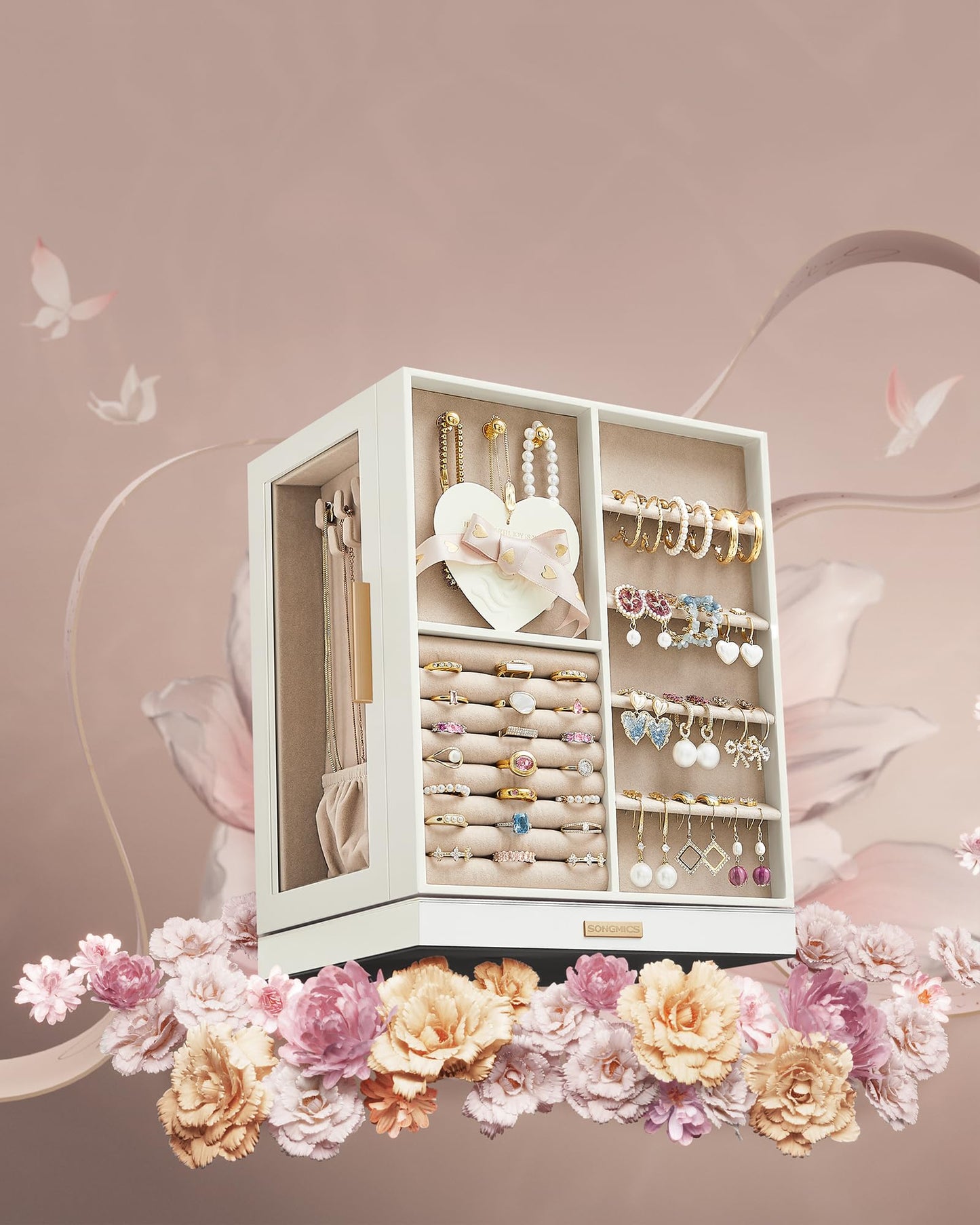 SONGMICS Jewellery Box 360° Rotating, Jewellery Organiser with 5 Drawers, Jewellery Display Case, Glass Window, Spacious, Vertical Jewellery Storage, Open Design, Great Gift, Cloud White JBC170W01