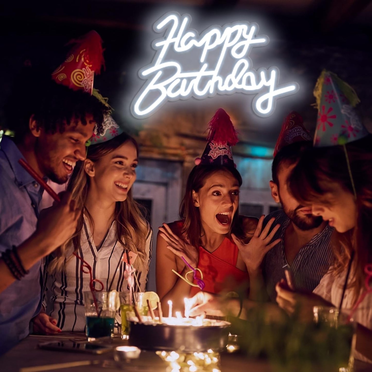 Miootly Happy Birthday Neon Sign for Wall Party Decor, LED Happy Birthday Light up Sign for Backdrop, 16"x 11" USB Powered 10 Brightness Settings Light up Signs Party Decorations Backdrop, Cool White