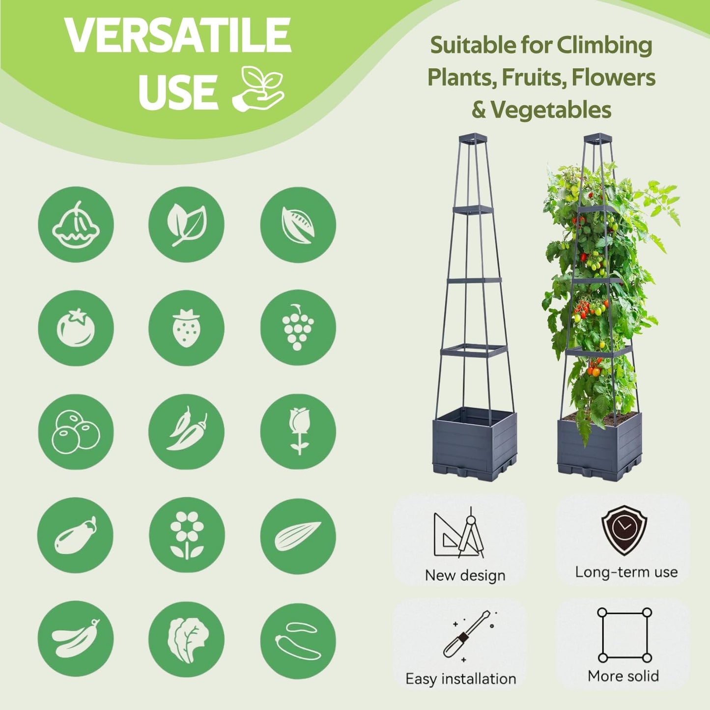 2 Pack Tomato Planter Box with Trellis for Climbing Plants Outdoor - Self Watering Raised Garden Bed Tomato Pot - 55" Tomato Cage Garden Trellis Plant Support for Vine Vegetables Herbs Flowers Indoor