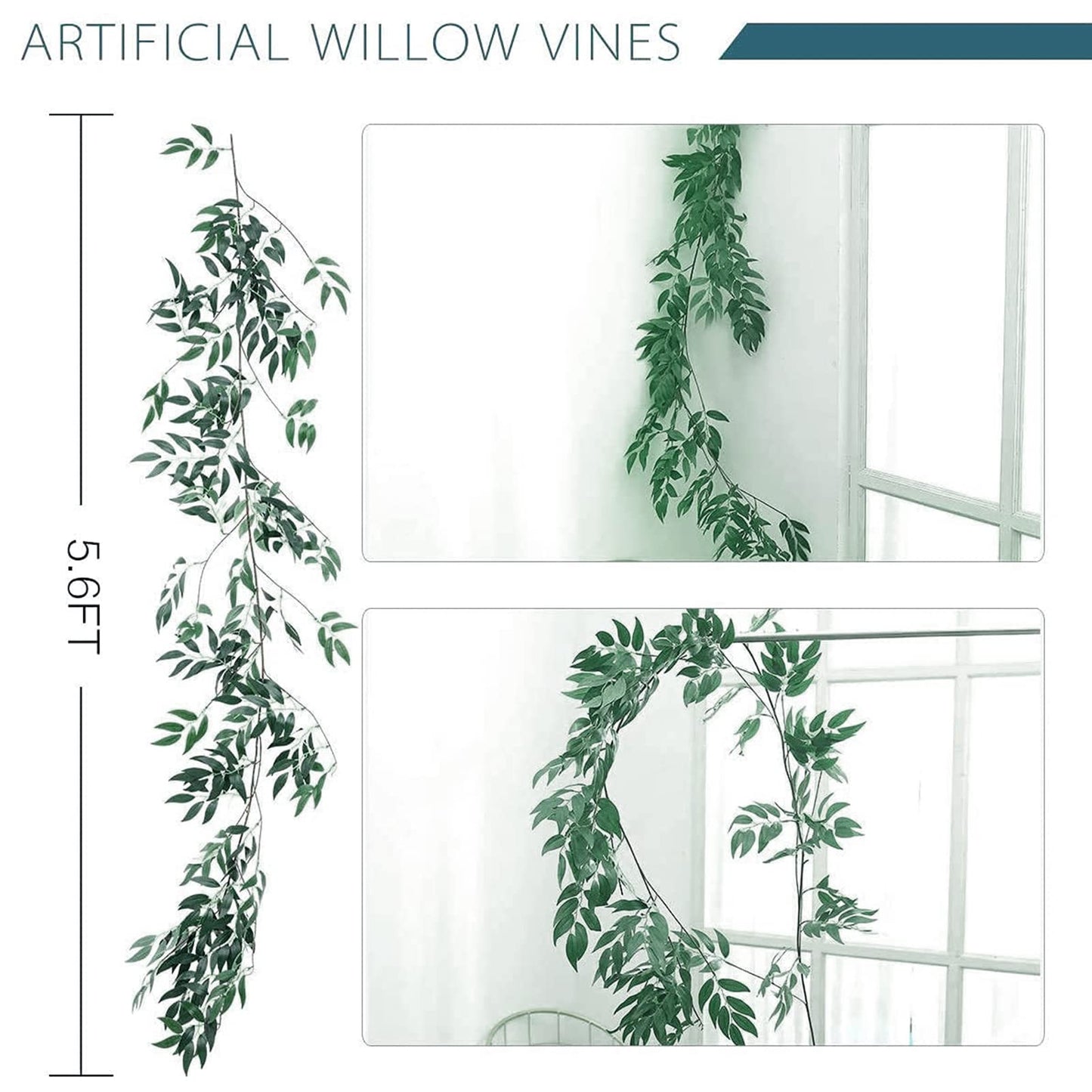 ANPHSIN Fake Vines Greenery Garland - 5 Packs Total 28ft Green Willow Leaf Vine Garland, Artificial Leaves Wall Hanging Decor for Home, Room, Wedding Arch, Centerpieces