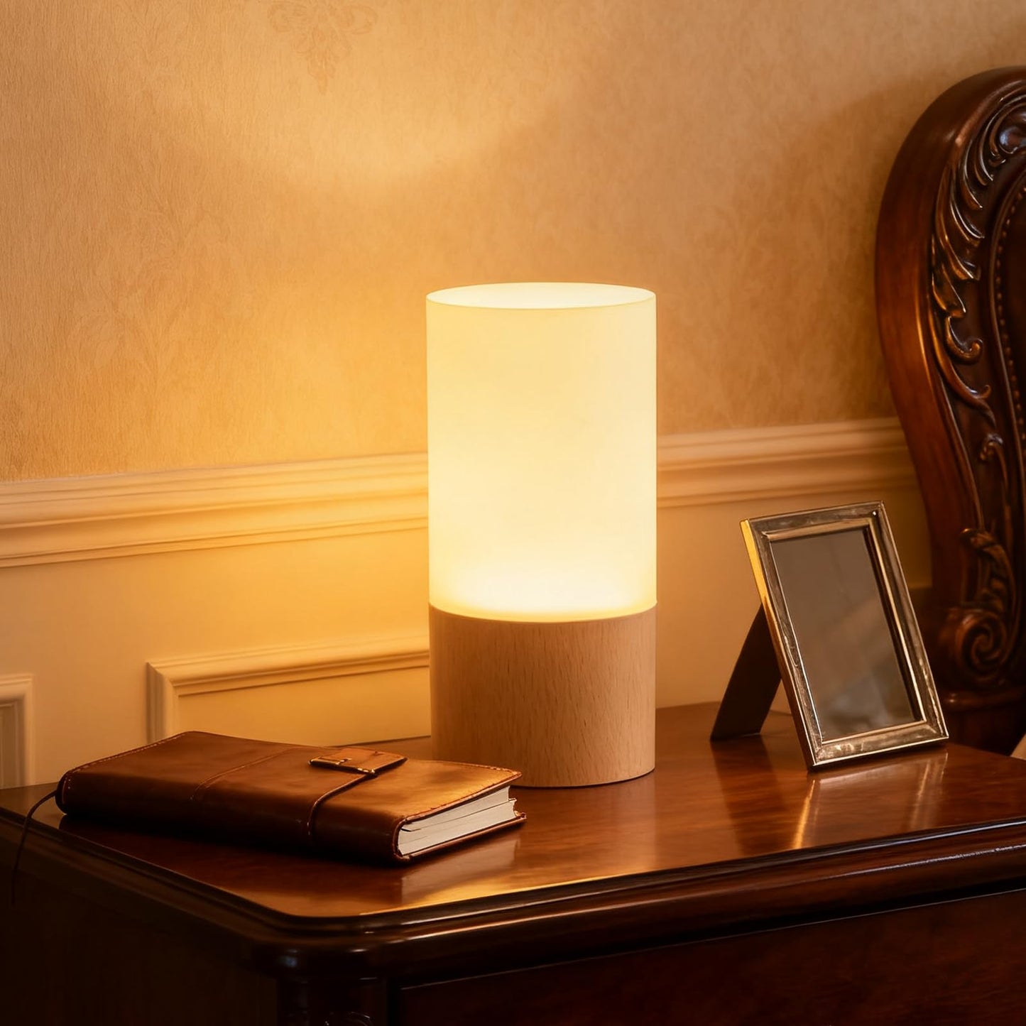YIEONSHION Creative Wooden LED Desk Lamp, Dimmable Bedside Night Light for Bedroom, Warm Ambient Lighting Table Lamp, Modern Home Décor Accent Light, Unique Housewarming Gift
