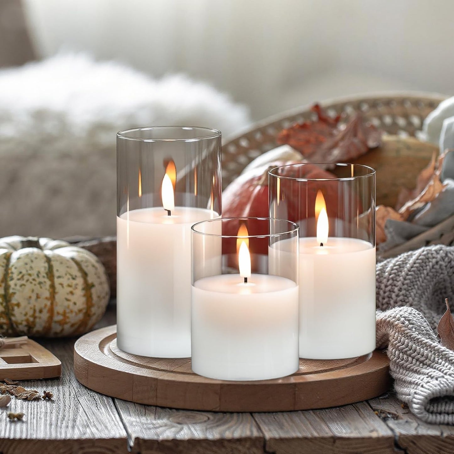 KunSwenn Rechargeable Candles with Remote Timer, Clear Glass Flameless Candles Flickering with Charging Cable, 3 Pack Real Wax LED Pillar Candle for Halloween Christmas Home Decor (D3” x H4”5”6”)