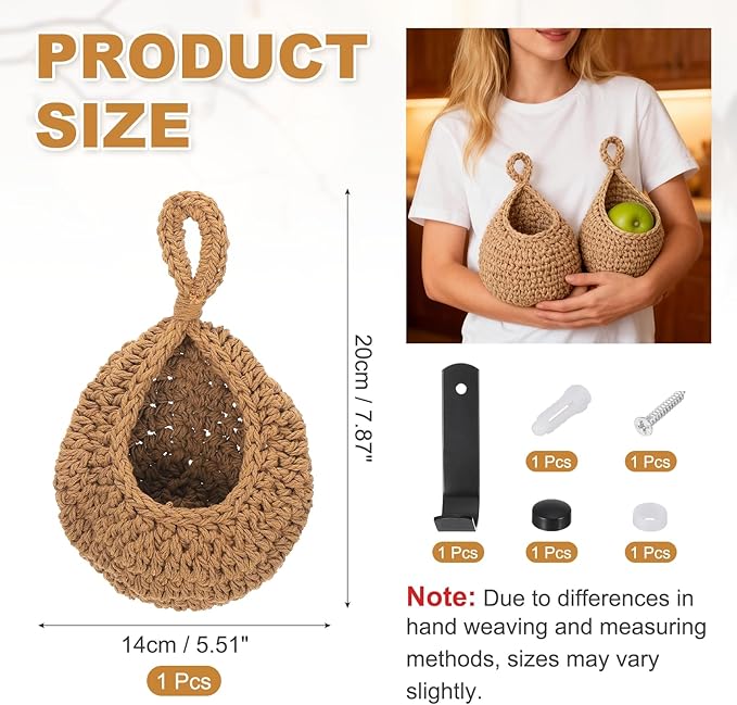 uxcell Hanging Fruit Baskets for Kitchen, Hand-Woven Wall Hanging Storage Jute