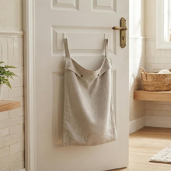 100% Linen Hanging Laundry Hamper Bag 20x27 Inch, Over the Door