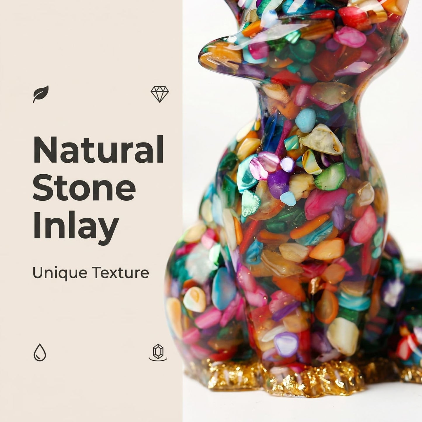 Resin Fox Figurine - Handmade Animal Statue Inlaid with Natural Crystal Stones | Home Decoration, Desktop Ornament, Creative Gift (Colour Shell Fox)