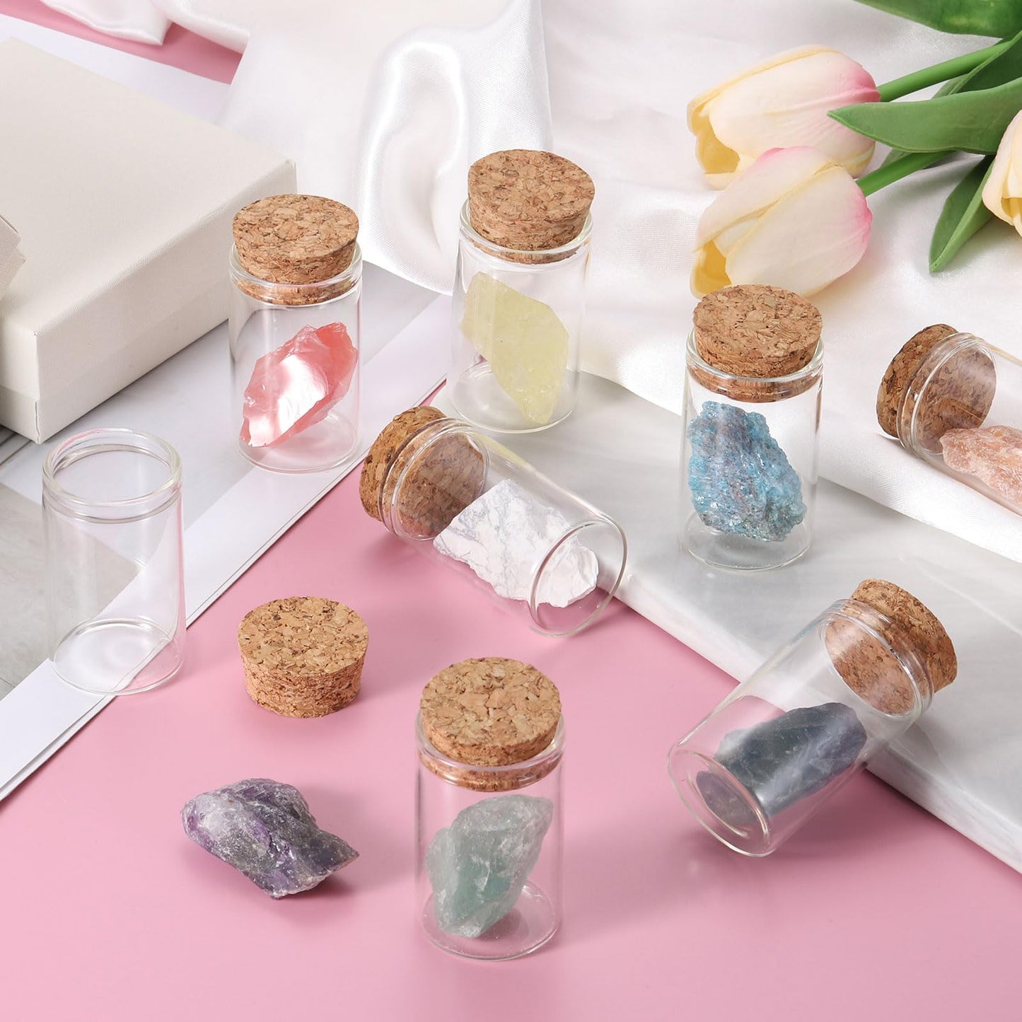 uxcell 2Pcs Crystal Gemstone Bottles, Natural Crystal Stone Bulk with Glass Display Jar Mini Stuff Collectible Adornments for Home Office Centerpiece Collection Gift, White/Purple
