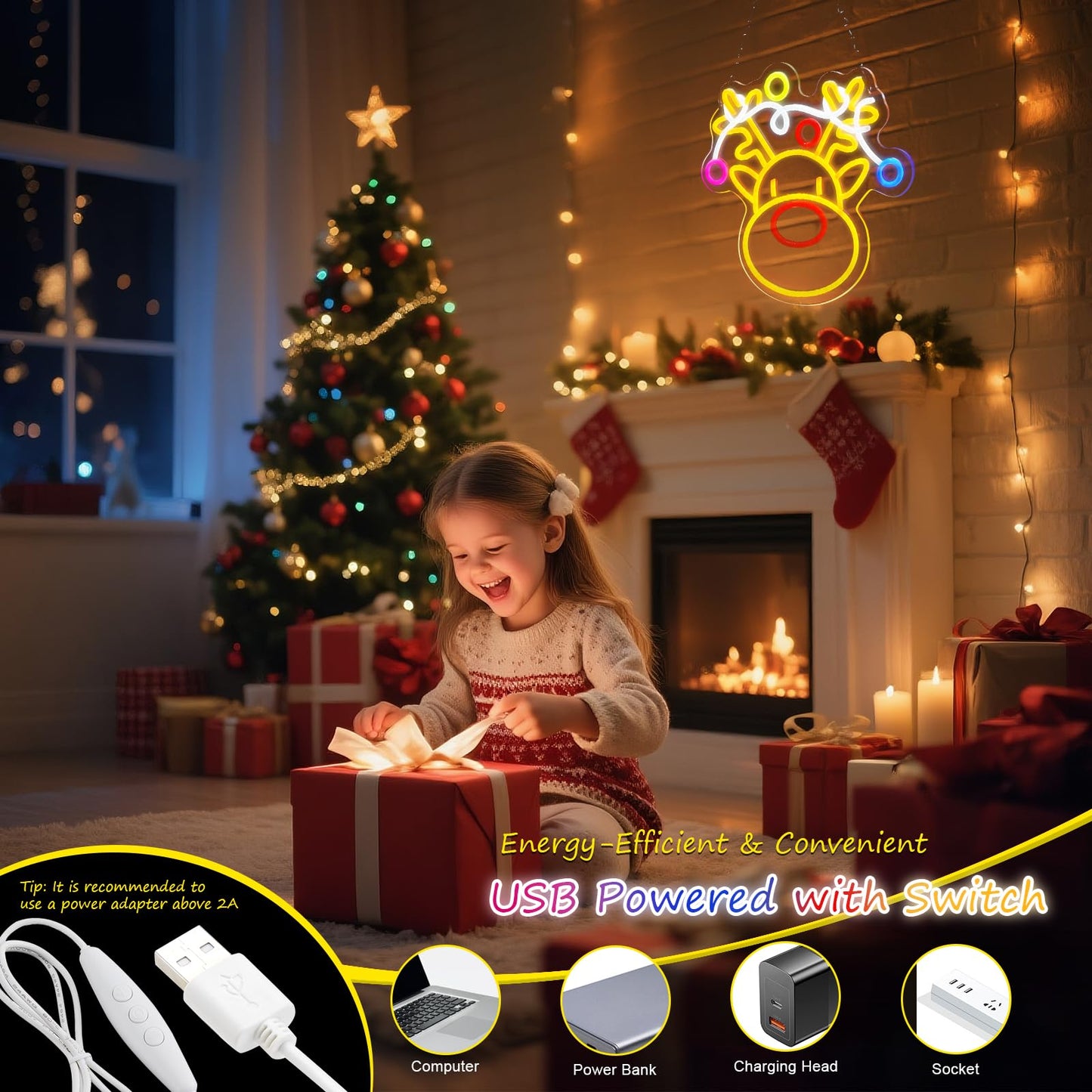 FITNATE Christmas Reindeer Neon Sign, LED Wall Decor Dimmable Elk Neon Light, Light Up Sign for Home Window Party Christmas Decoration