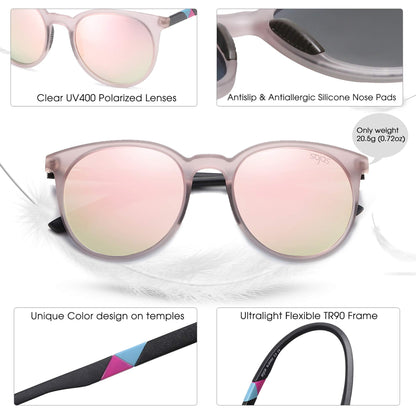 SOJOS Oversized Round Polarized Sports Sunglasses for Women Men, Ultralight TR90 Womens Mens Sport Sunglasses SJ2092, Matte Crystal Greyish Pink Frame/Pink Mirrored Lens