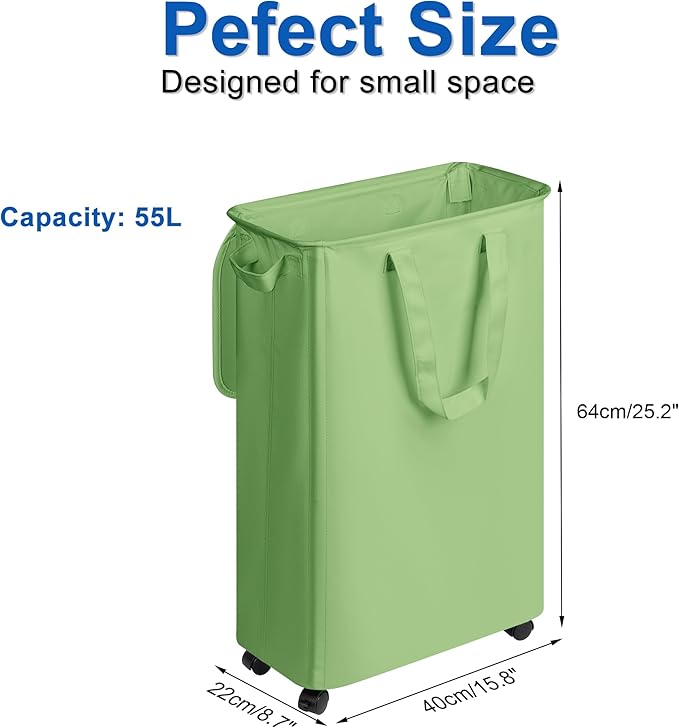 Slim Laundry Hamper with Lid and Wheels, Small Rolling Laundry Basket with
