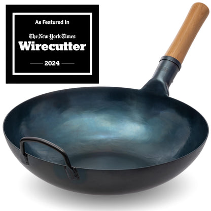 YOSUKATA Flat Bottom Wok Pan - 13.5" Blue Carbon Steel Wok PLUS 17" Wok Spatula and Ladle Skimmer Spoon - Stainless Steel Cooking Utensils Set of 3