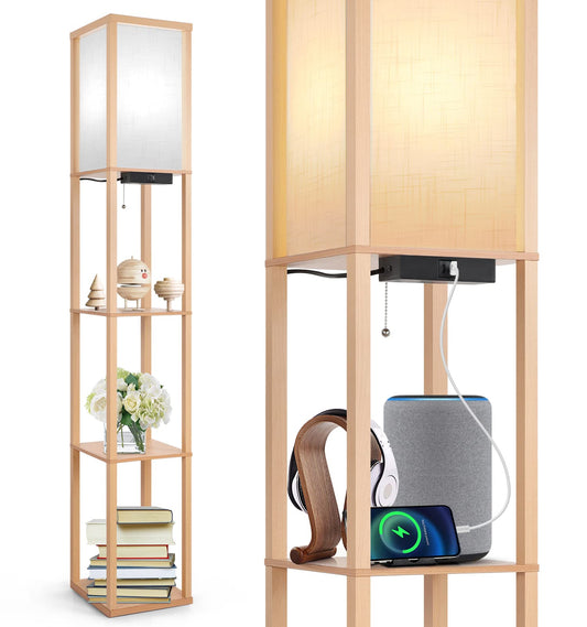 OUTON Floor Lamp with Shelves, LED Column Modern Floor Lamp with USB & Type C Port, 3 Color Temperature, Wooden Standing Lamp with White Linen Shade for Living Room, Bedroom, Office (Wood)