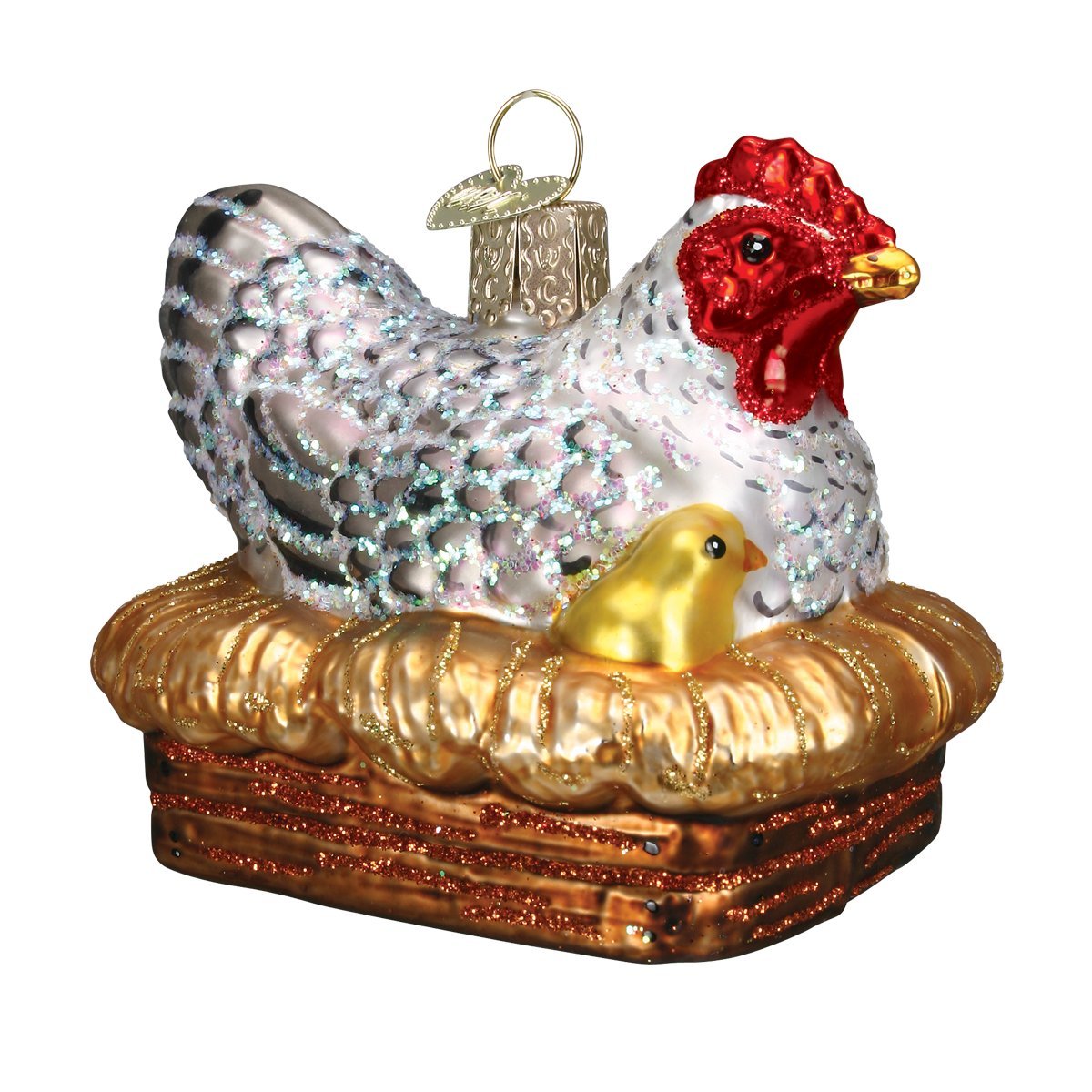 Old World Christmas Hen on Nest Glass Blown Ornament for Christmas Tree, Handcrafted Holiday Decoration, Farm Animal Collection
