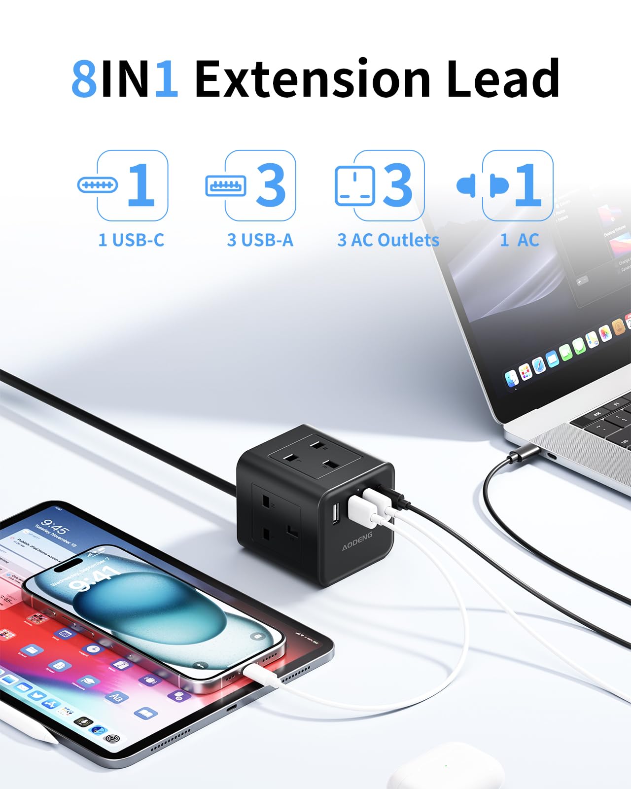 Extension Lead with 4 USB Slots, 4 Way (13A/3250W) Multi Plug Extension Cable, UK Desktop Power Extension Cord with Multi Socket, 1.5M Extension Cable (black, 1.5M)
