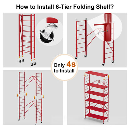 Himix 6 Tier Foldable Storage Shelves, Expandable Folding Bookshelf with Wheels, Changeable into 2 Shelf Units, Collapsible Adjustable Storage Rack Metal Shelves for Garage Kitchen, Basement, Red