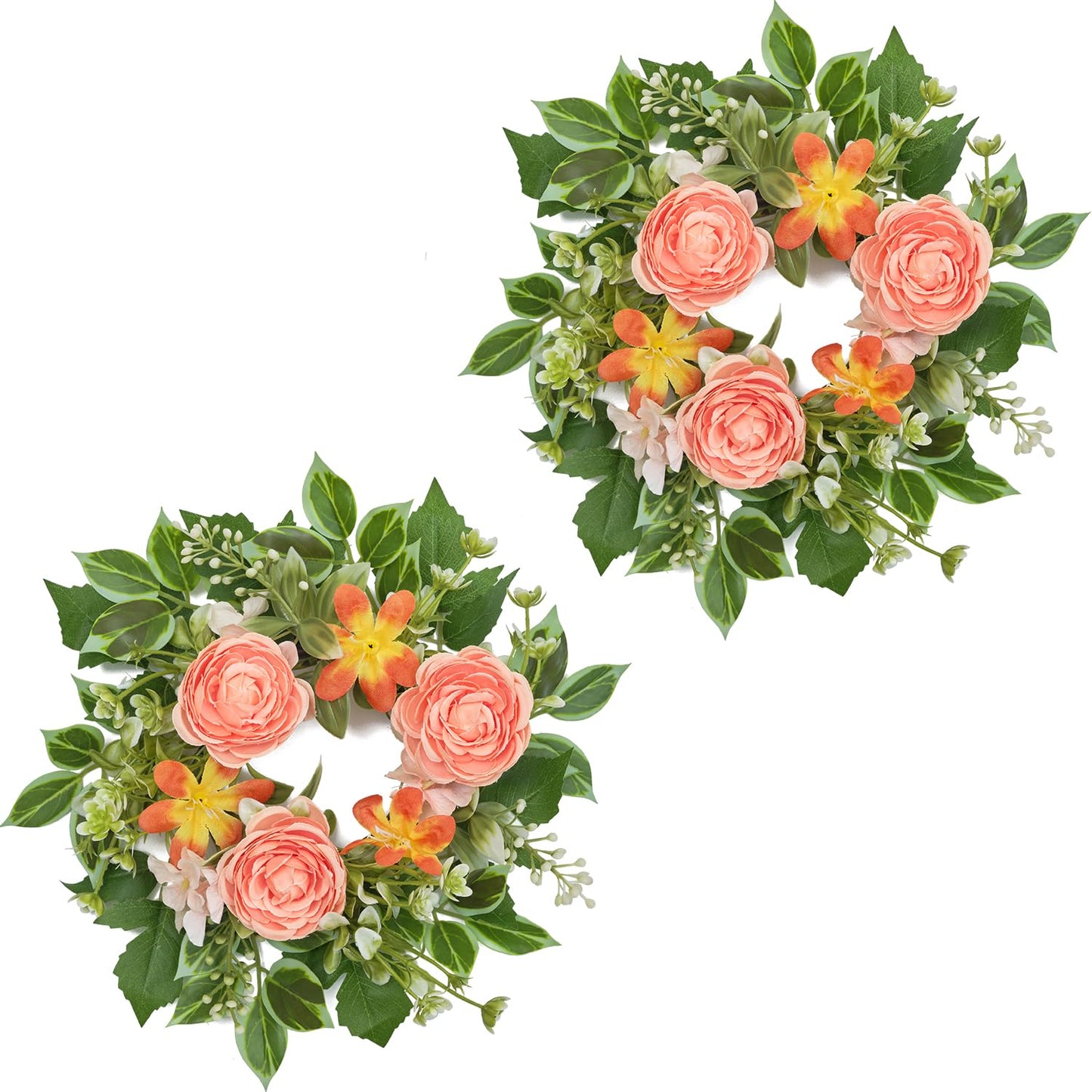 WELL KNOWN 2 Pcs Mini Spring Floral Candle Rings Wreaths for Pillars Home Table Window Decor, 9 Inches Artificial Flower Cabinet Wreath for Kitchen Farmhouse Wedding Party (Peach Ranunculutus)