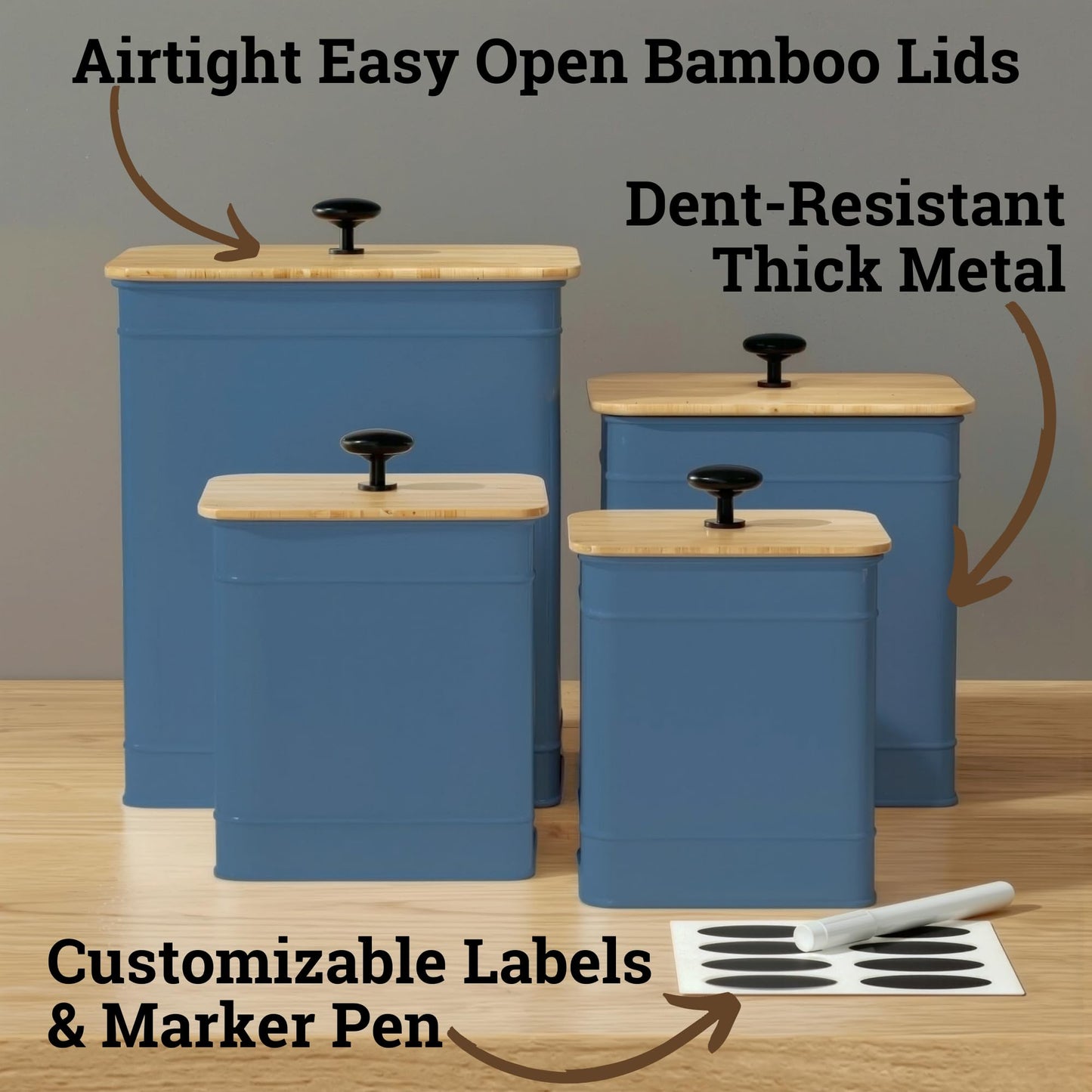 Kitchen Canisters for Countertop Set of 4 with Customizable Chalkboard Labels & Marker Pen - Big Iron Kitchen Canister Set with Airtight Lids - Blue Canisters - Sugar Tea Coffee Containers Sets