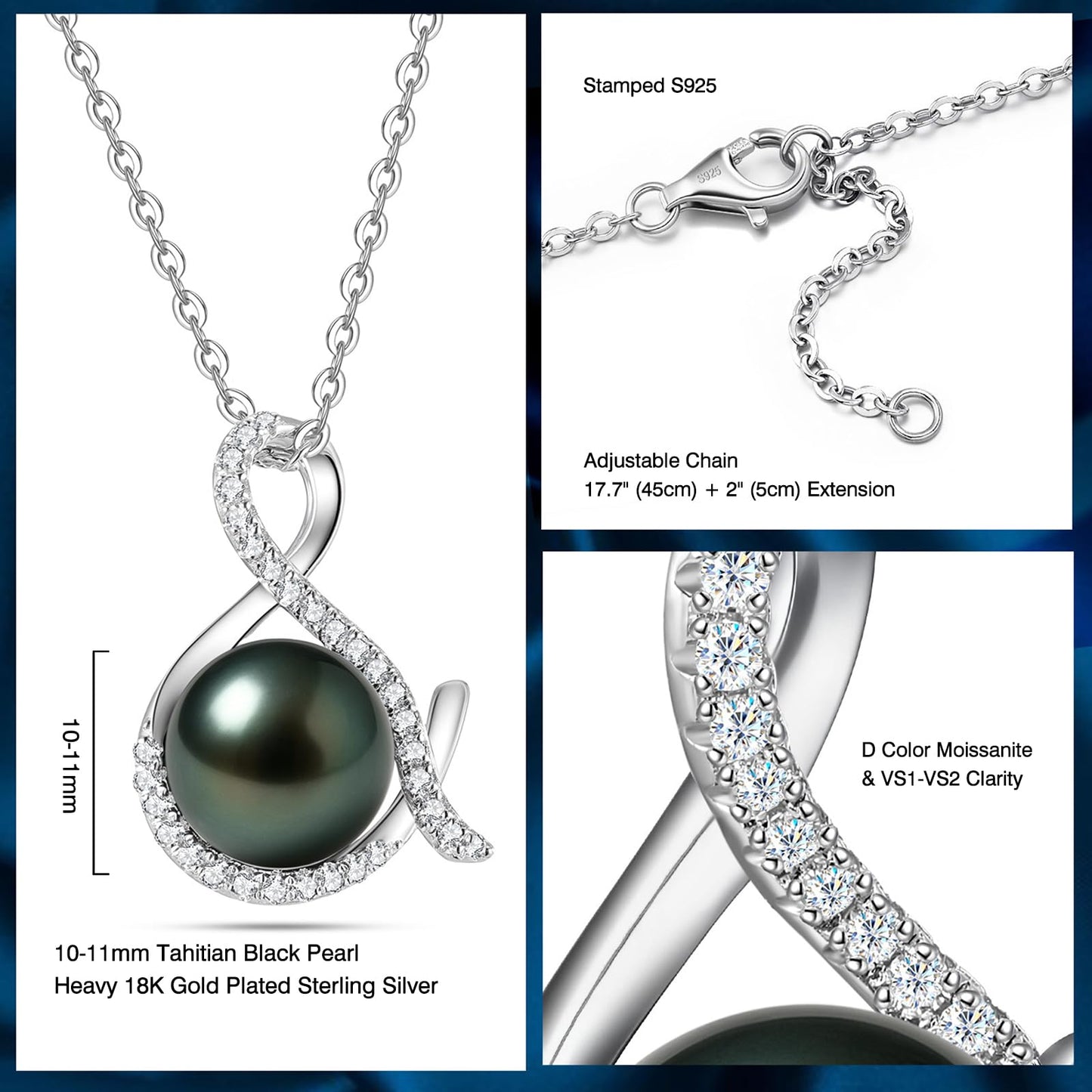 Genuine Tahitian Black Pearl Necklace - Christmas Gift for Wife Mom Women Daughter, Jewelry Gifts for Wedding Anniversary Birthday, 10-11mm Seawater Pearl with Sterling Silver Moissanite Pendant