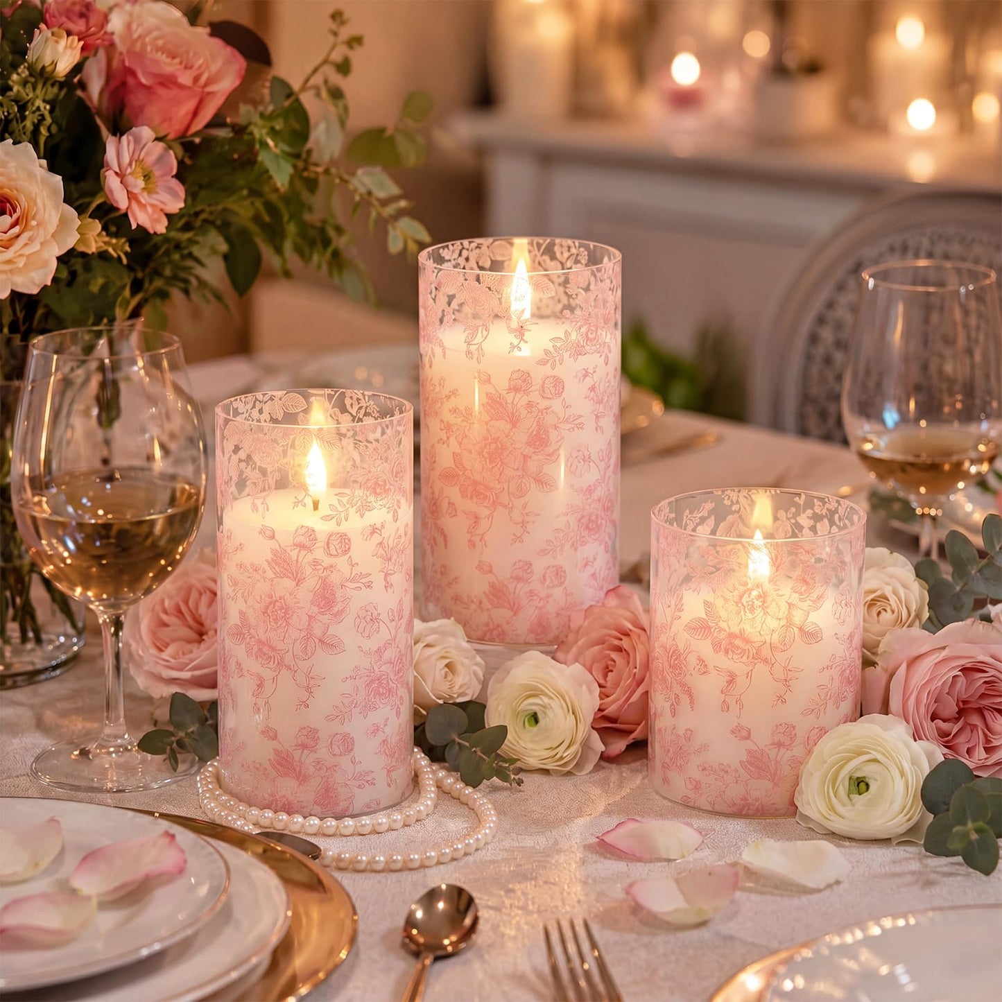 Lewtemi 3 Pcs Flameless Candles with Remote Pink Flower Flickering LED Candles Electric Pillar Candle for Wedding Dinner Christmas Holiday Decor (3 x 4" 5" 6" )