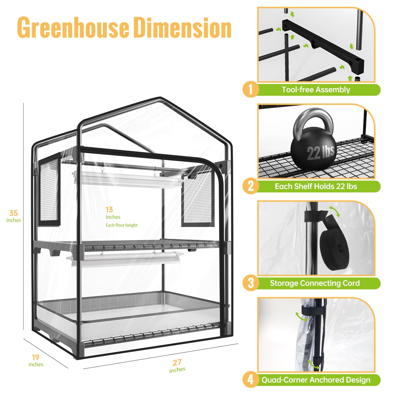 SpeePlant Mini Indoor Greenhouse with Grow Light, 2-Tier Plant Stand with PVC Tent, Ventilation Window, Bottom Pouch, 20W Full Spectrum Grow Light with Timer, for Seed Starting, 27" L x 19" W x 35" H