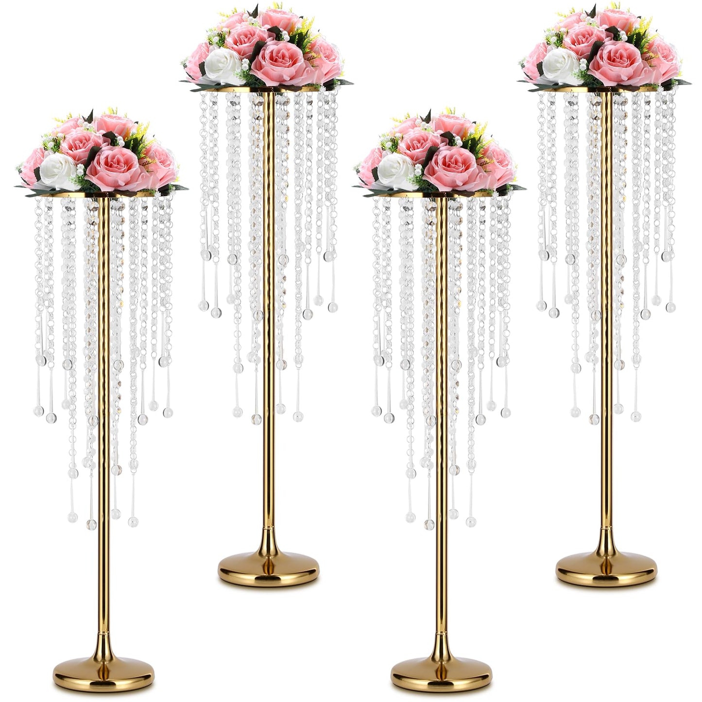Rozrety Metal Gold Vase, 4pcs Modern Centerpiece for Table, Wedding Event Decor, 29.5in Tall, Durable Rust Resistant, Luxurious Home Decorations