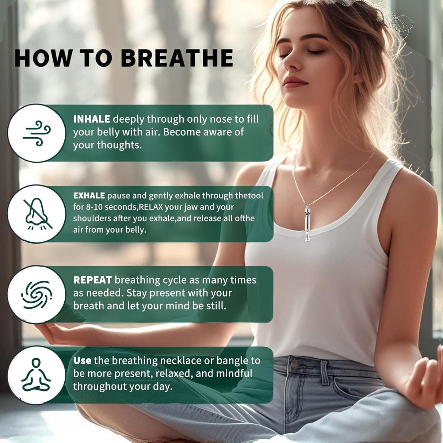 phaxud Stainless Steel Mindfulness Breathing Necklace & Essential Oil Diffuser for Women Men 2-in-1 Breathe Free Necklace Tool for Inner Balance, Relaxation and Meditation (Gold)