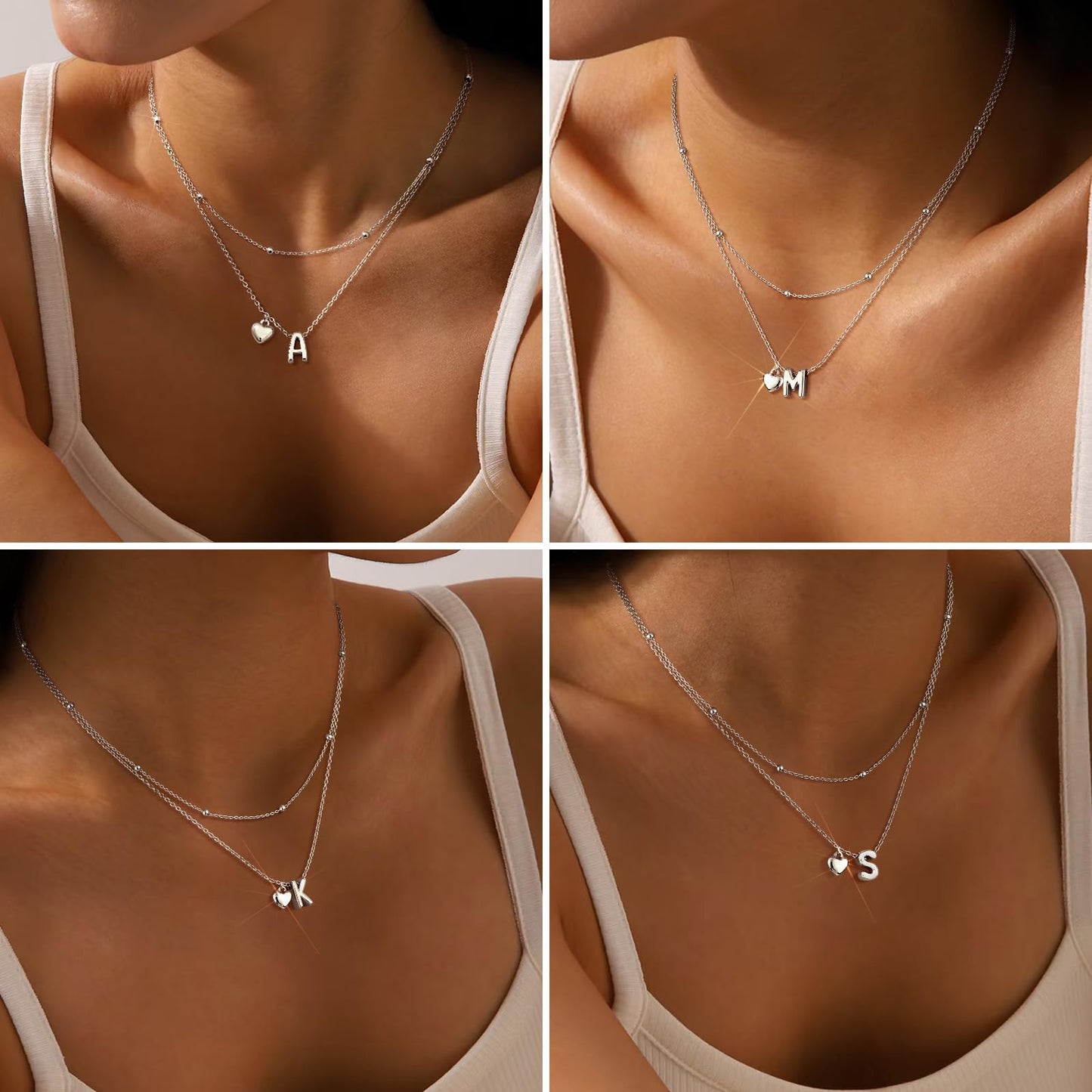 adoyi Silver Heart Initial Necklaces for Women 14k Gold Plated Layered bubble Letter Necklace Dainty Heart Y Pendant Necklace Stack Birthday Valentines Gifts for Women Jewelry