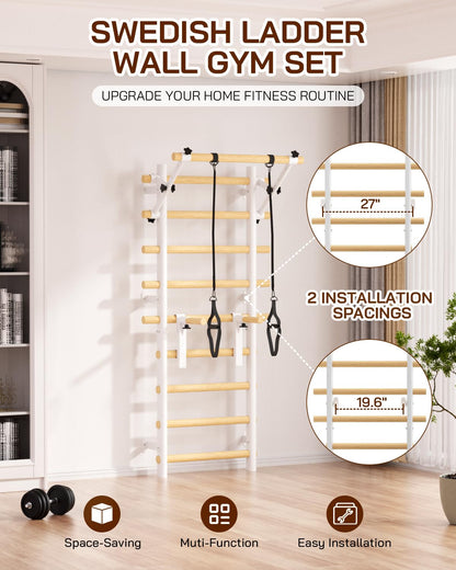 Cofiyard Swedish Ladder Wall Gym, Wooden Wall-Mounted Stall Bars with Pull-up Bar & Exercise Straps & Dip Bars, Stretching Ladder Full Body Home Gym Adults New, White