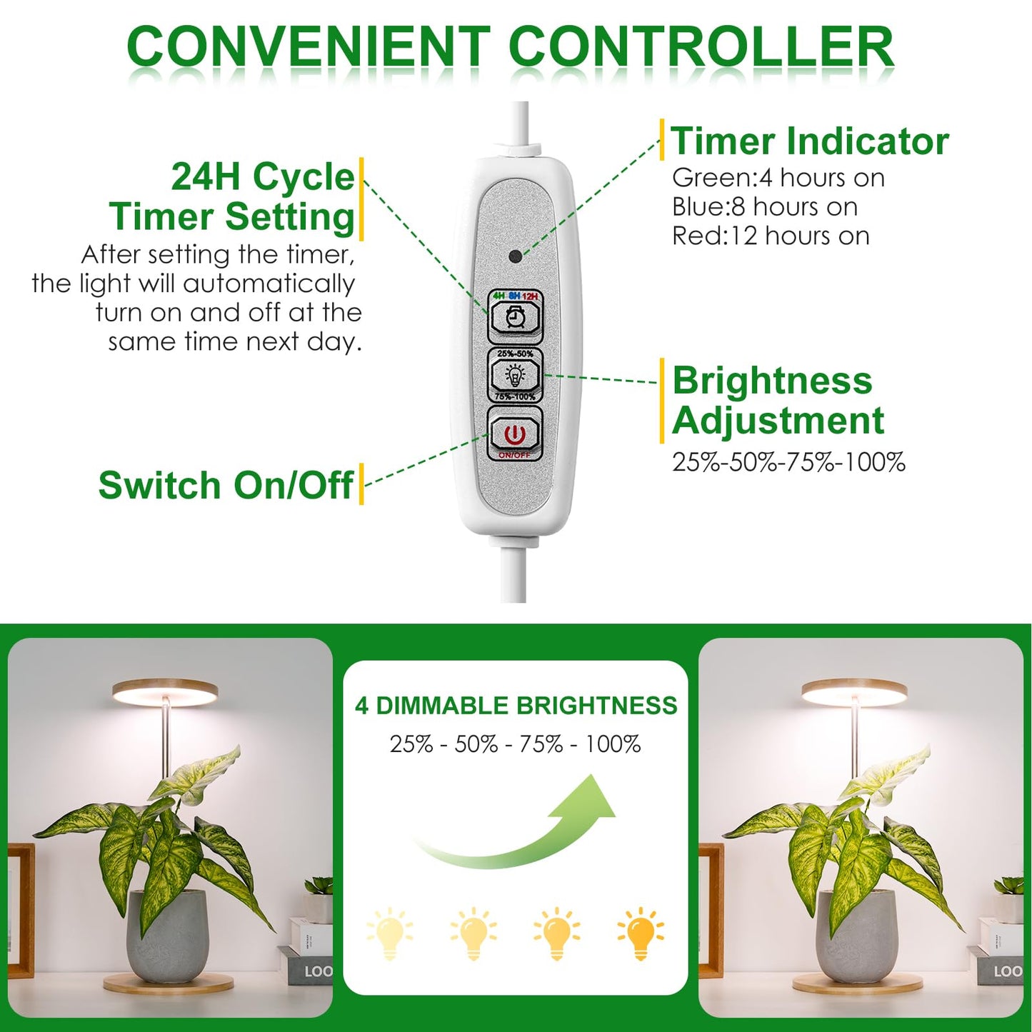 LORDEM Bamboo Grow Light, LED Plant Light for Indoor Plants Growing, Full Spectrum Bamboo Desk Growth Lamp with Automatic Timer for 4H/8H/12H, 4 Dimmable Levels, Height Adjustable, Pack of 2