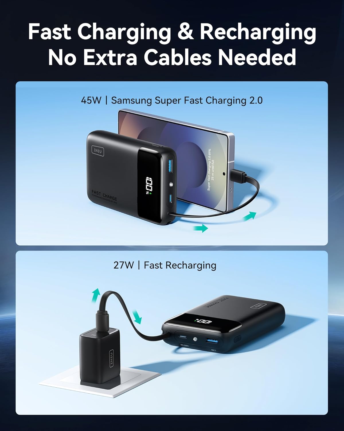 INIU 45W Portable Charger, Smallest 20000mAh Power Bank with Build in USB-C Cable, Fast Charging USB C in&Out Battery Pack, Travel Phone Charger for iPhone 17 16 15 Air Samsung S25 S24 Google iPad etc