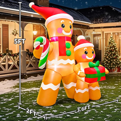5FT Christmas Inflatables Outdoor Decorations Inflatable Gingerbread, Built in LED Lights Blow up Yard Decorations for Xmas Holiday Party Indoor Garden Lawn Décor