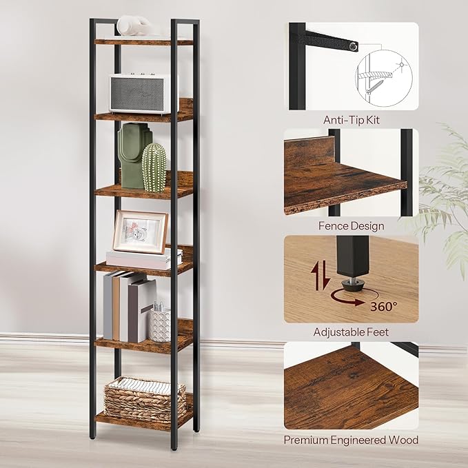 MAHANCRIS Bookshelf, 6-Tier Bookcase, Standing Book Shelf