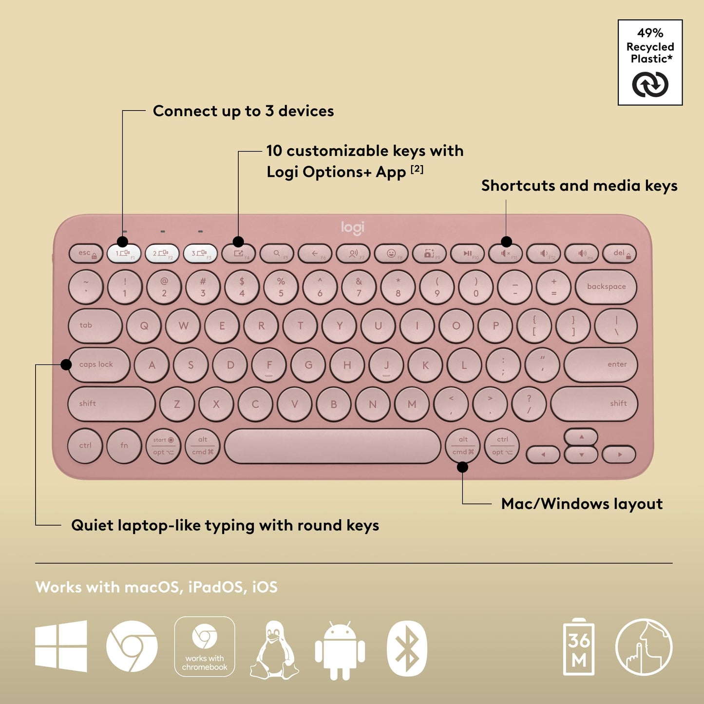 Logitech Pebble Keys 2 K380s, Multi-Device Bluetooth Wireless Keyboard with Customizable Shortcuts, Slim and Portable, Easy-Switch for Windows, macOS, iPadOS, Android, Chrome OS - Tonal Graphite