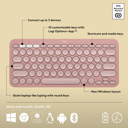 Logitech Pebble Keys 2 K380s, Multi-Device Bluetooth Wireless Keyboard with Customizable Shortcuts, Slim and Portable, Easy-Switch for Windows, macOS, iPadOS, Android, Chrome OS - Tonal Graphite
