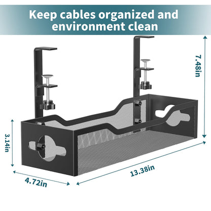 Under Desk Cable Management Tray No Drill, Metal Mesh Cable Management Under Desk with Clamp Mount, 2 Hole Cable Tray with Wire Management and Cord Organizer for Home Office Standing Desk