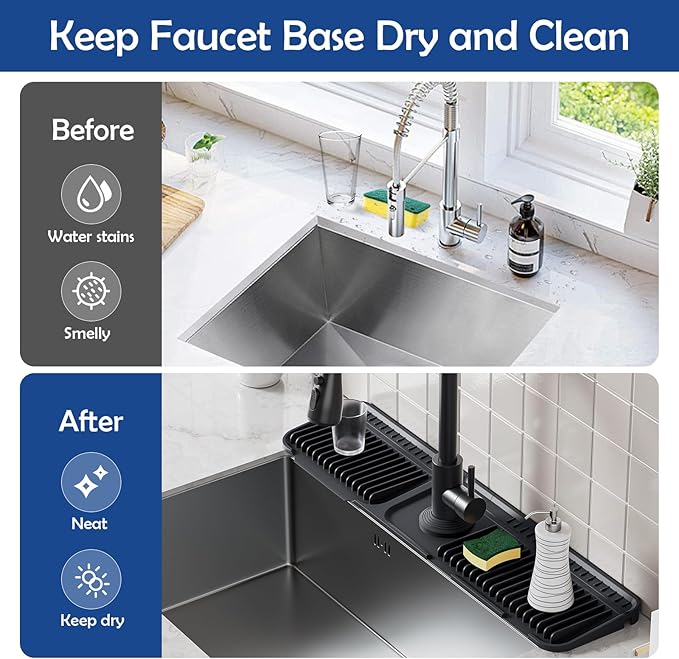 24"Longer Silicone Faucet Mat For Kitchen Sink Splash Guard -7° Slope Snap